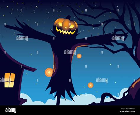 Halloween Dark Night Background With Scarecrow Vector Illustration