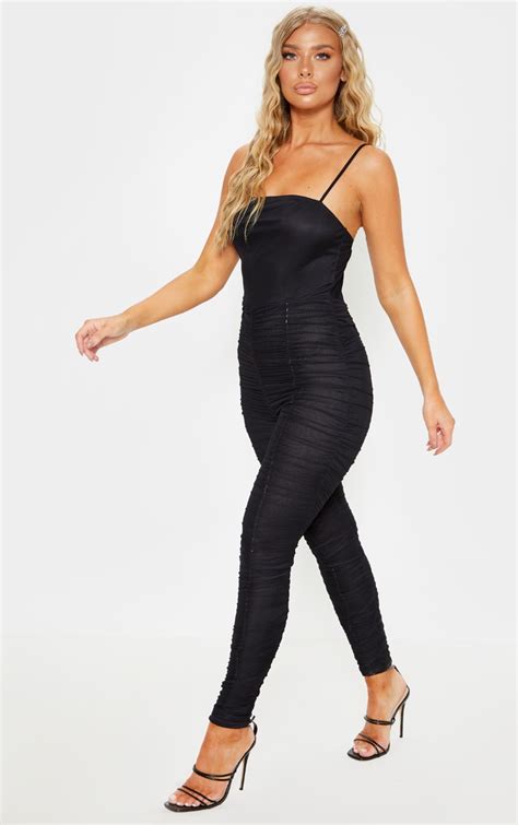 Black Strappy Mesh Ruched Jumpsuit Prettylittlething