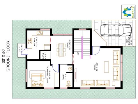 Floor Plan For 30 X 50 Feet Plot 3 Bhk 1500 Square Feet166 Sq Yards