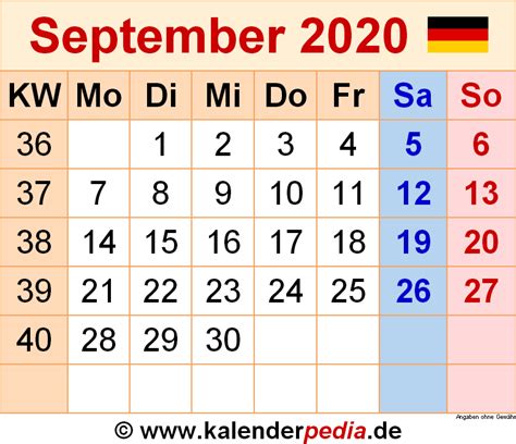 Kalender September 2020 Als Excel Vorlagen