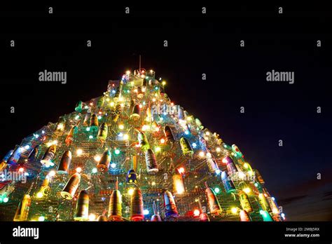 Night view of the top of the Stonington Lobster Trap Christmas Tree in