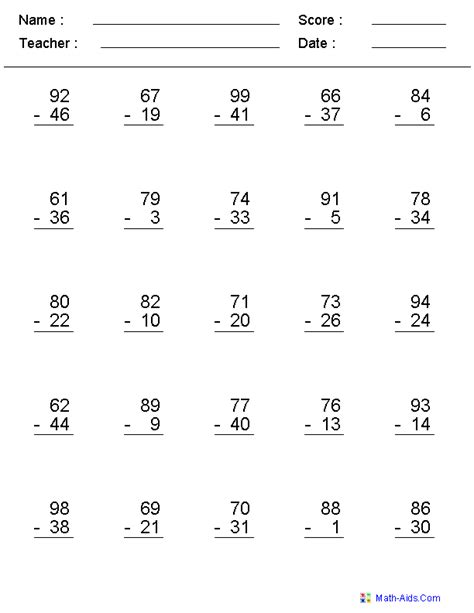 Subtraction Worksheets Dynamically Created Subtraction Worksheets