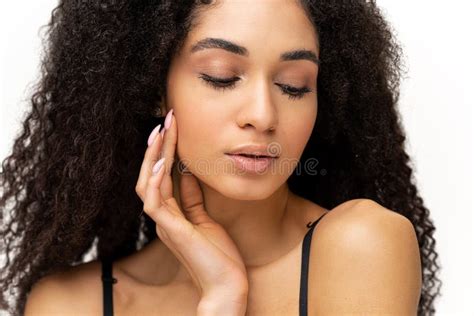 Close Up Portrait Of Seductive African American Female With Curly Hairstyle Beautiful