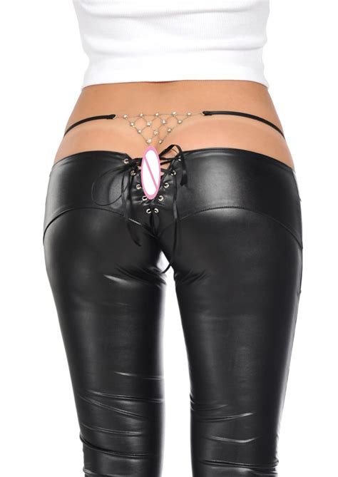 2017 New Arrive Super Sexy Faux Mat Leather Pants Low Waist Bandage Zipper Crotch Detail Slim