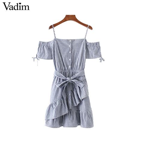 Vadim Sweet Bow Tie Sashes Ruffles Striped Dress Sexy Off Shoulder Short Sleeve Female Casual