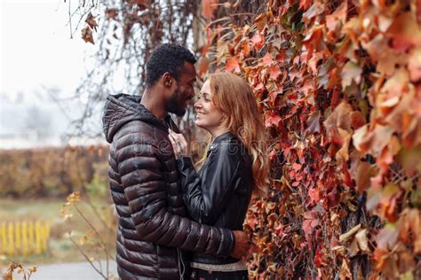interracial couple posing in autumn leaves background stock image image of handsome park