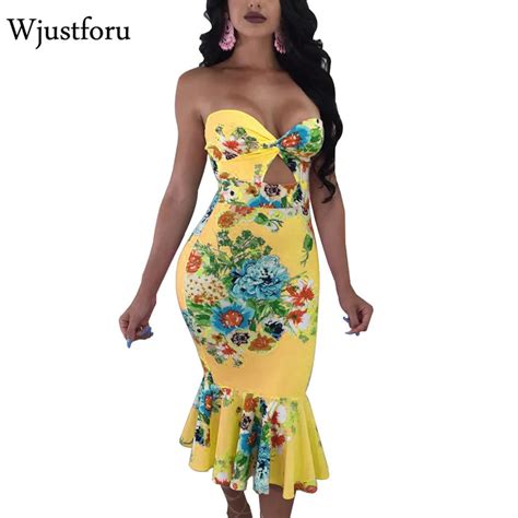 Wjustforu Floral Print Hollow Out Ruffle Dress Women Bodycon Strapless
