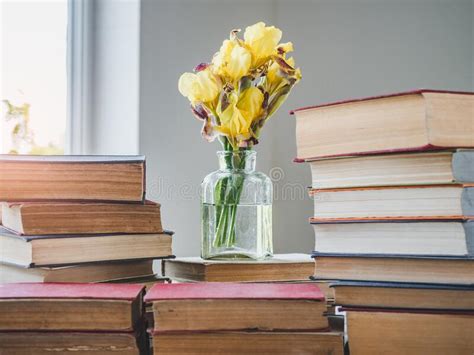 Stack Of Vintage Books And Beautiful Flowers Stock Photo Image Of