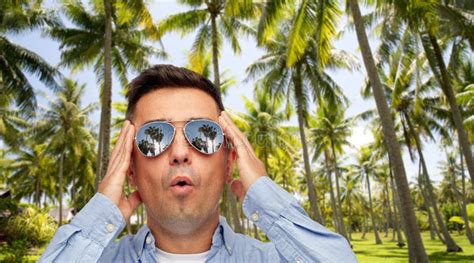 Surprised Man In Sunglasses Over Tropical Beach Stock Image Image Of