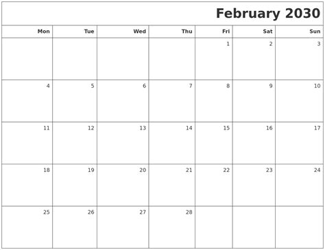 February 2030 Printable Blank Calendar