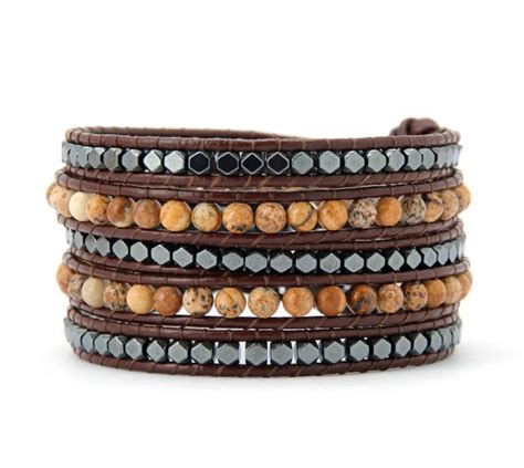 Mens Leather Bracelets Picture Stones Hematite Beads Leather Wrap