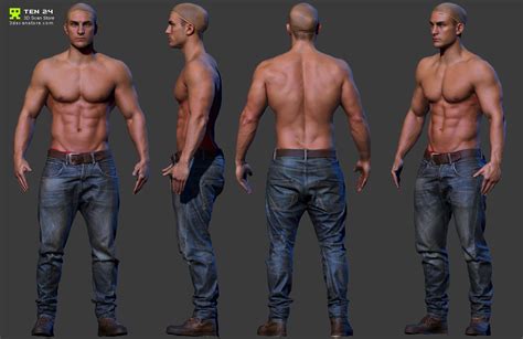 Three Different Views Of A Man With No Shirt And Jeans Standing Next