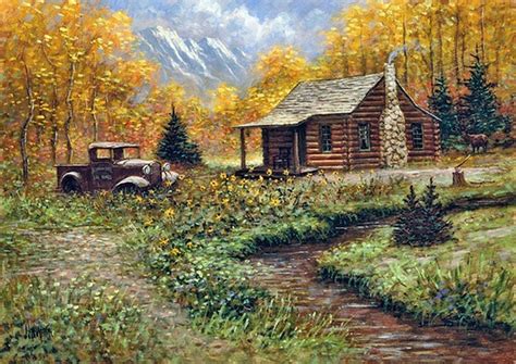 Autumn Cabin Art Mountain Paintings Landscape Paintings