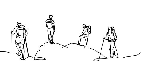 Group Of Hikers One Line Drawing Of People Hiking On Mountain