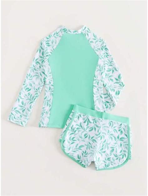 Buy Shein Girls Plant Print Zipper Front Bikini Swimsuit Online