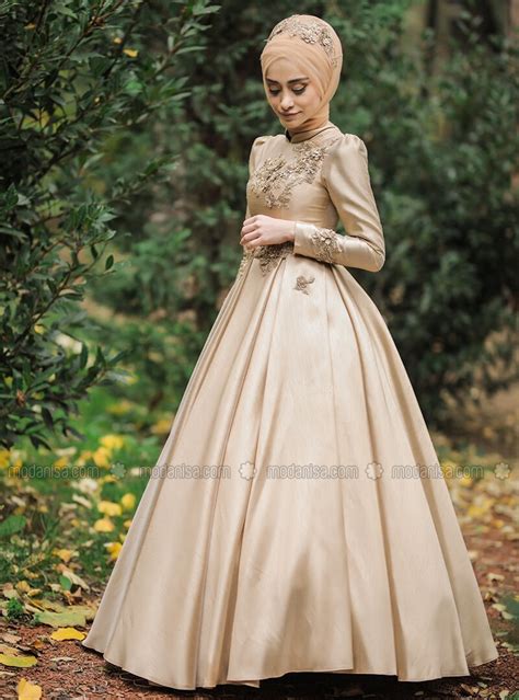 Gold Fully Lined Crew Neck Muslim Evening Dress My Dream Collection