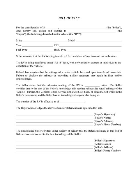 Illinois Rv Bill Of Sale Form Free Printable Legal Forms