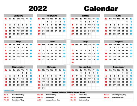 2022 Printable Monthly Calendar With Holidays For 2022