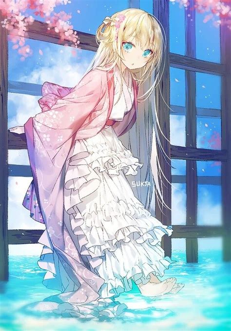 Anime Girl Blue Eyes Blonde Hair Kimono White Pink Cherry Blossoms Water Clear