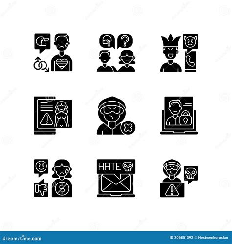 Social Media Bullying Black Glyph Icons Set On White Space Stock Illustration Illustration Of