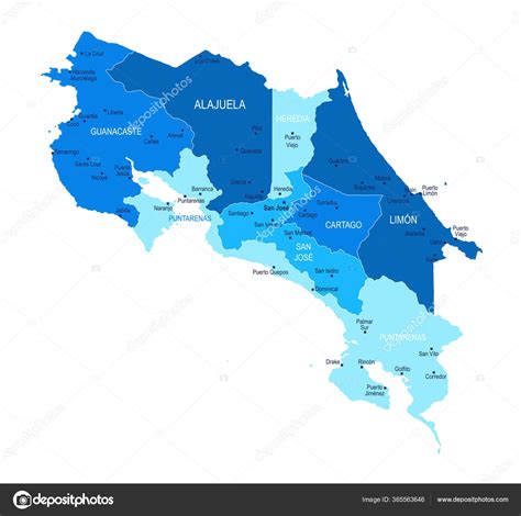 Costa Rica Map Cities Regions Vector Illustration Stock Illustration By