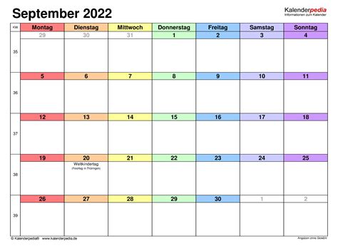 Kalender September 2022 Als Excel Vorlagen