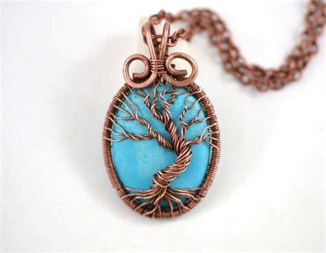 Blue Turquoise Tree Of Life Pendant Wired Copper Necklace Wire Wrapped