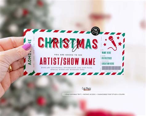 Christmas T Concert Ticket Template Editable Surprise Show Voucher Cute Party Dash