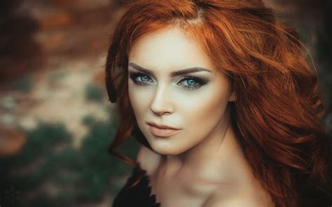 long hair model portrait bare shoulders nature redhead women depth of field face blue