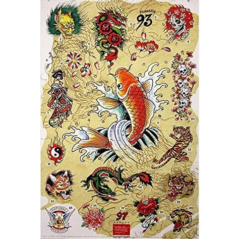Ed Hardy Japanese Chart 36x24 Tattoo Art Print Poster Roses Flowers