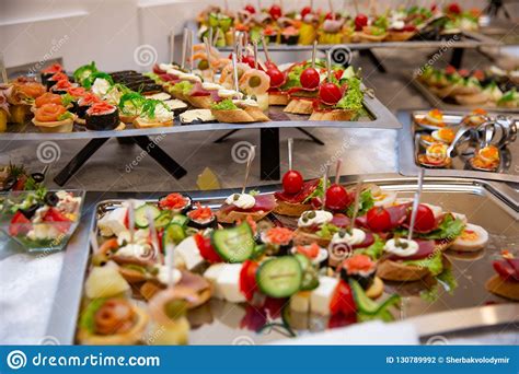 Catering Table Set Service Various Snacks On A Table At Banquet Set Of