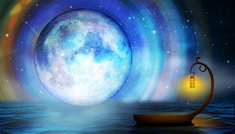 Beautiful Moon On The Ocean And Boat Fantasy In The Ocean At The Night