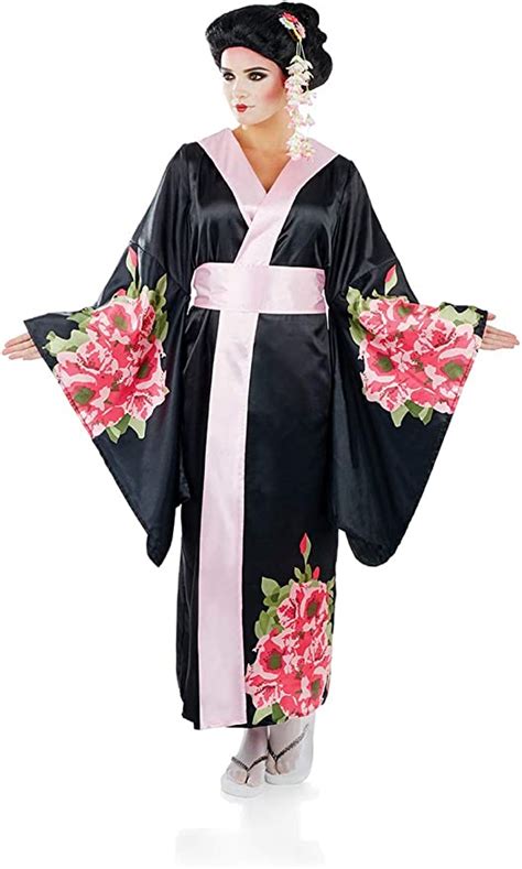 Womens Geisha Costume Adults Floral Black Kimono Robe Dress Outfit