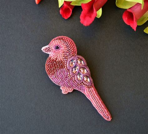 Bead Embroidery Brooch Bird With Swarovski And Japanese Seed