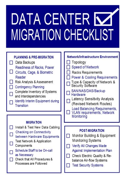 When filling out your spreadsheet with template data, the spreadsheet must include the tabs in the. Data Center Migration Checklist | Data migration, Simple ...