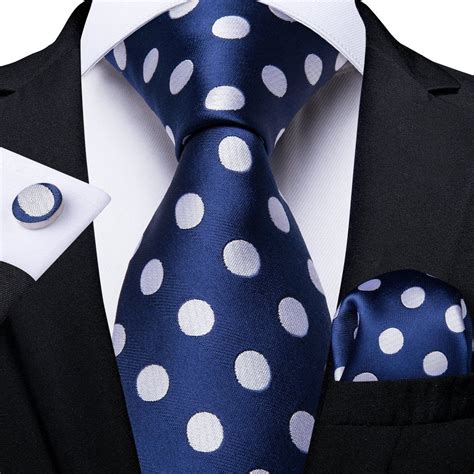 New Navy Blue Polka Dot Mens Necktie Pocket Square Cufflinks Set Men
