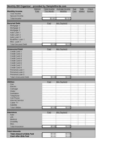 Current month bill item due date amount paid 15 Best Images of Printable Worksheets For Microsoft Word ...