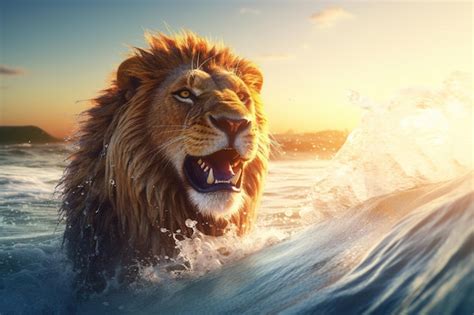 Premium Ai Image Lion Swimming Having Fun On The Sea Waves Animal