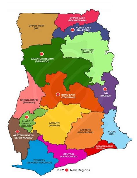 Detailed large political map of ghana showing names of capital cities, towns, states, provinces and boundaries of neighbouring countries. Map of Ghana Showing the 16 Regions and Their Capital Cities | GH Students