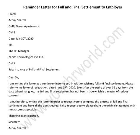 I am writing this letter concerning the amount of _ (amount) which was to be paid on _ (date) and remains outstanding despite of my several requests for payment of the amount. Reminder Letter For Full and Final Settlement to Employer ...