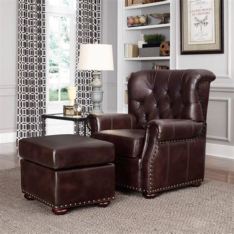 This chair and ottoman set features upholstery in a warm honey brown leather, tufted back seat with attached cushion, rolled arms,and detachable (not reversible) front cushion. Home Styles Melissa Cocoa Brown Faux Leather Arm Chair ...