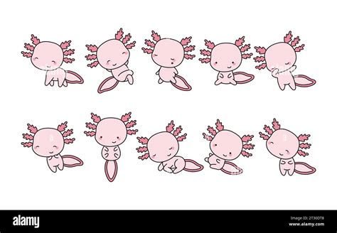 Set Of Cartoon Isolated Axolotl Set Of Cute Kawaii Salamander In Funny