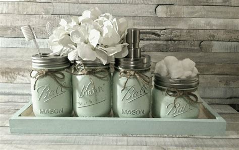 160+ diy mason jar crafts and gift ideas. 4 PIece Rustic Mason Jar Bathroom Set with Tray/55 Colors in 2020 | Mason jar bathroom decor ...