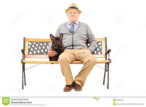 Senior Gentleman Seated On A Bench With His Dog Stock Image Image Of
