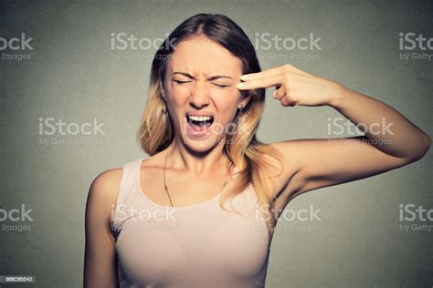 Headshot Portrait Young Woman Committing Suicide With Finger Gun