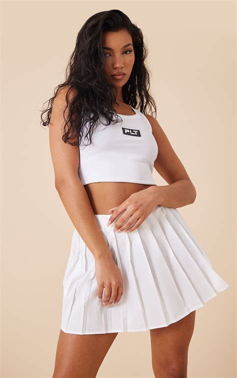 White Cotton Poplin Pleated Mini Tennis Skirt Prettylittlething Ca