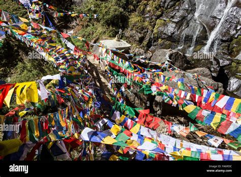 Prayer Flags On Path To Taktsang Palphug Tigers Nest Monastery Paro