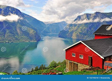 Red House Over Sognefjord Norway Stock Photo Image Of Lake Scenic