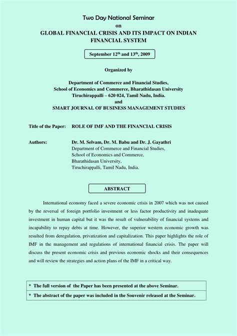 Pdf Role Of Imf And The Financial Crisis