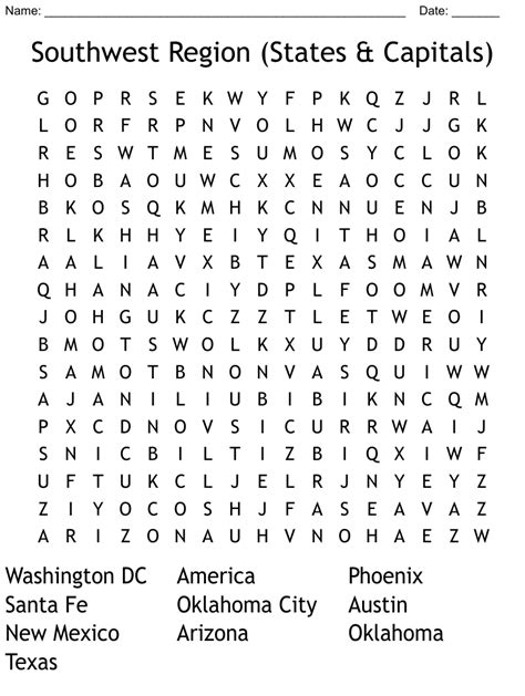 Southwest Region States And Capitals Word Search Wordmint